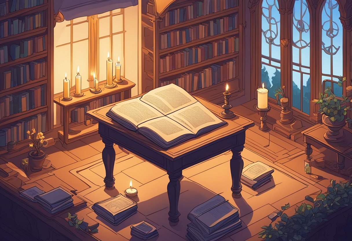A serene, sunlit room with a table covered in scrolls and books, surrounded by soft, glowing candles. A sense of peace and contemplation fills the air