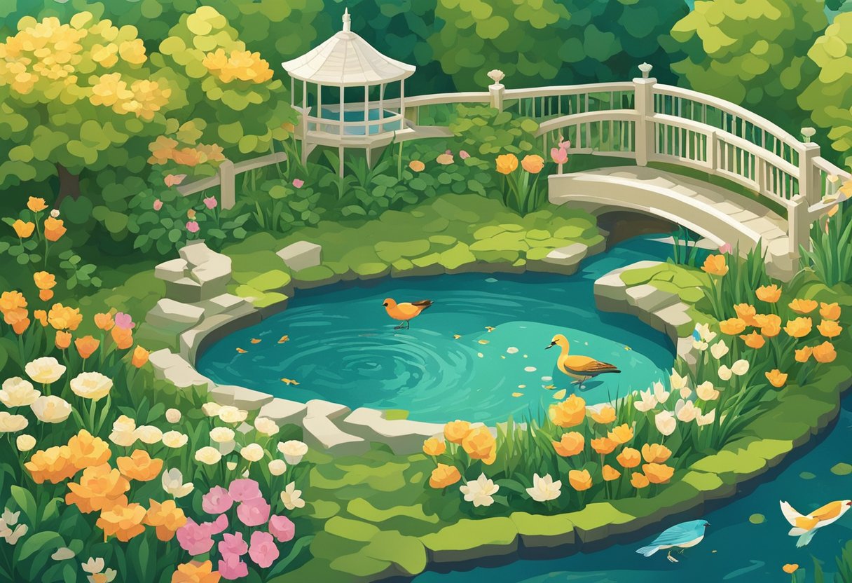 A serene, sunlit garden with a tranquil pond, surrounded by blooming flowers and lush greenery. A gentle breeze rustles the leaves as birds sing in the background