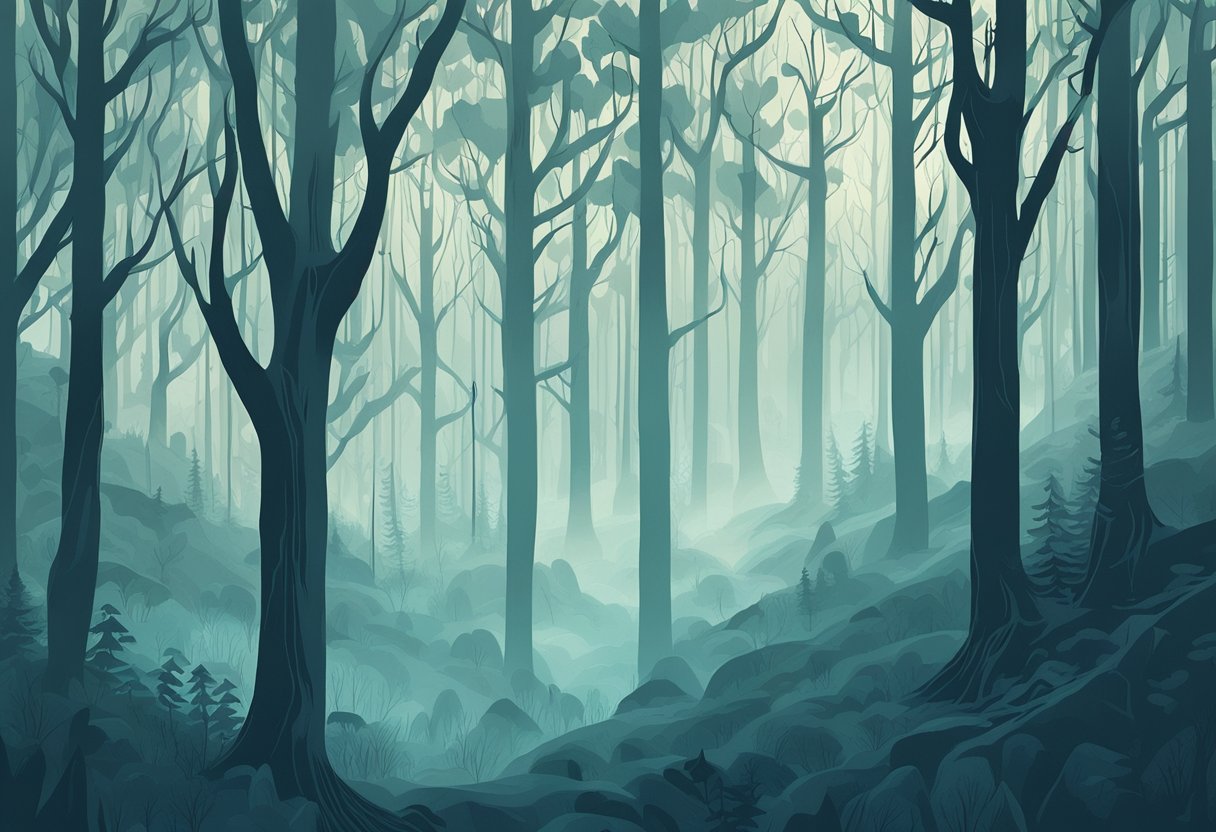 A misty forest with shadowy figures fading into the trees, leaving behind a trail of wispy, translucent outlines. The atmosphere is eerie and haunting, with a sense of mystery and the unknown
