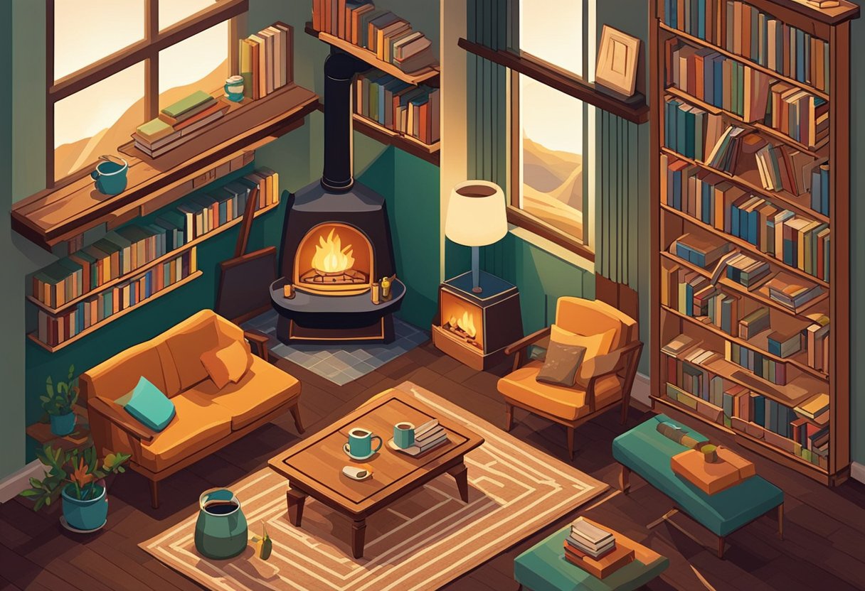A cozy living room with a crackling fireplace, a bookshelf filled with novels, and a steaming cup of coffee on a table