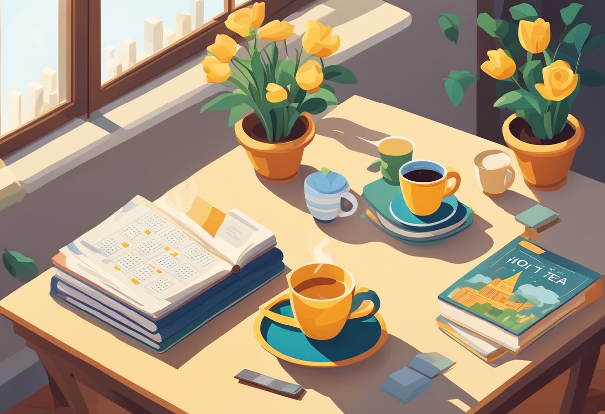 A table with a stack of books, a cozy blanket, and a mug of hot tea. A window reveals a sunny day. A calendar shows the weekend dates