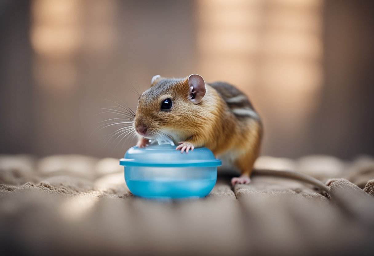 A gerbil nibbles on a small piece of bread, sitting in its cage with bedding and a water bottle in the background