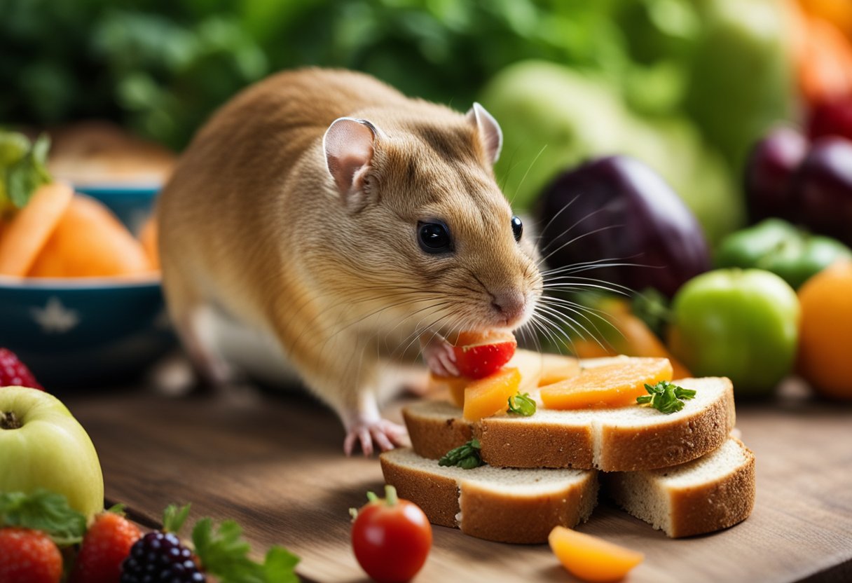 A gerbil nibbles on a small piece of bread, surrounded by various fruits and vegetables. Text "Nutritional Considerations for Gerbils" is visible in the background