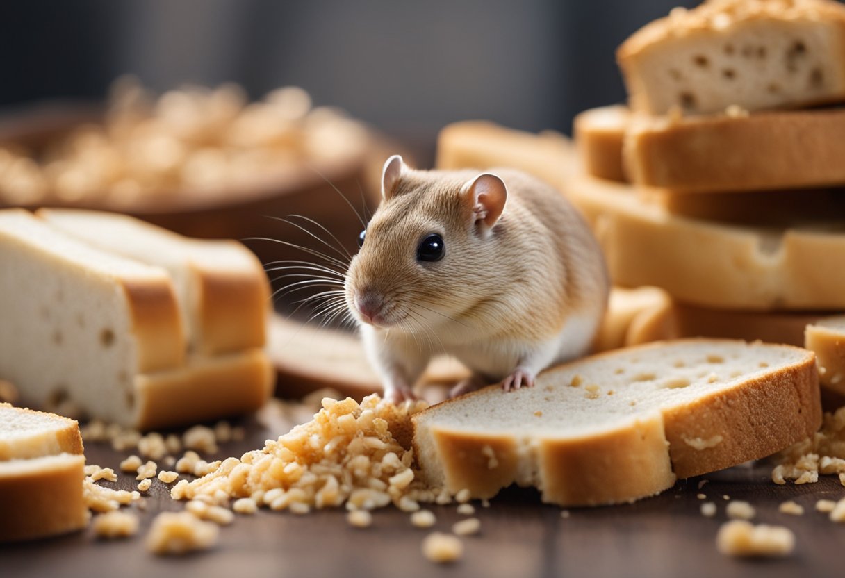 Gerbils nibble on bread crumbs, surrounded by a pile of bread slices