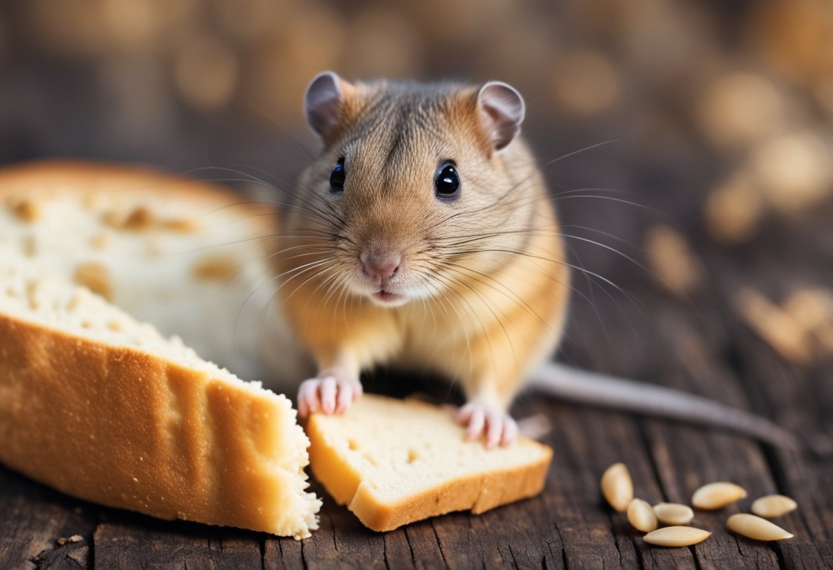 A gerbil nibbles on a piece of bread, its small paws holding the food as it chews
