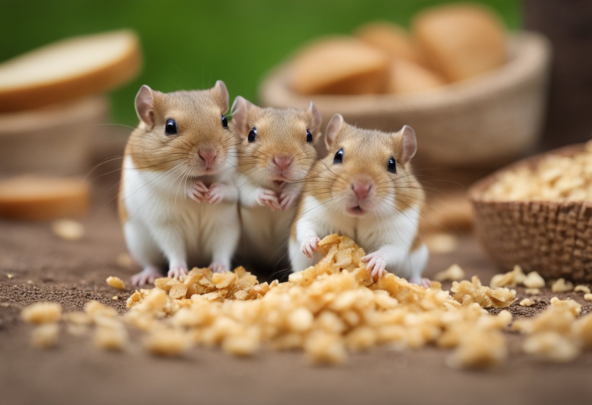 A group of curious gerbils surround a small pile of bread crumbs, sniffing and nibbling cautiously