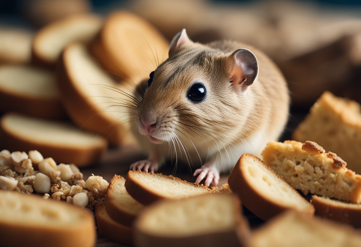 A gerbil nibbles on a piece of bread, surrounded by a pile of crumbs