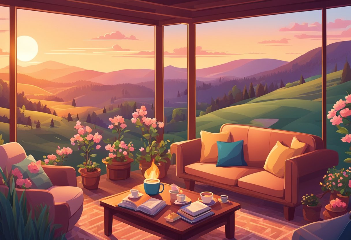 A cozy living room with a crackling fireplace, a stack of books, and a warm cup of tea on a table. Outside, the sun sets behind a serene landscape of rolling hills and blooming flowers