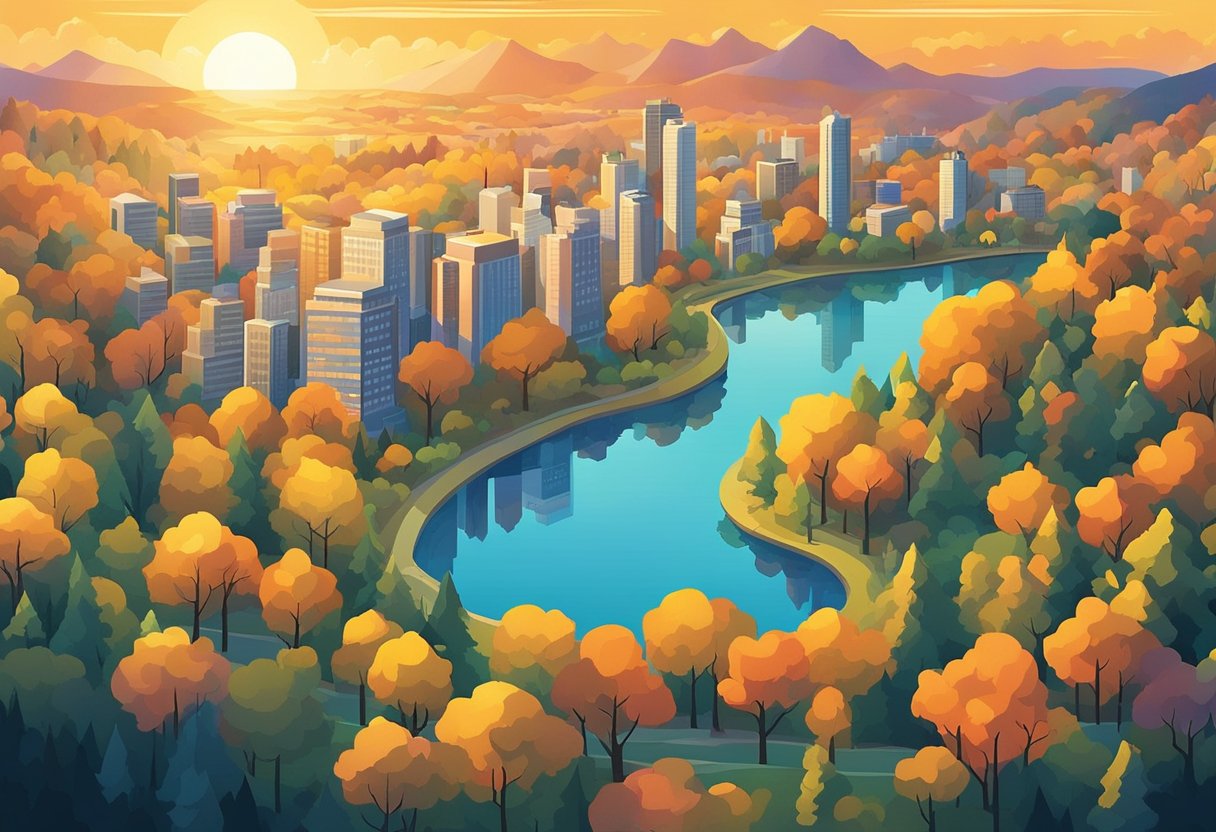 The sun dips below the horizon, casting a warm glow across the sky. Silhouettes of trees and buildings stand out against the colorful backdrop, creating a peaceful and serene scene