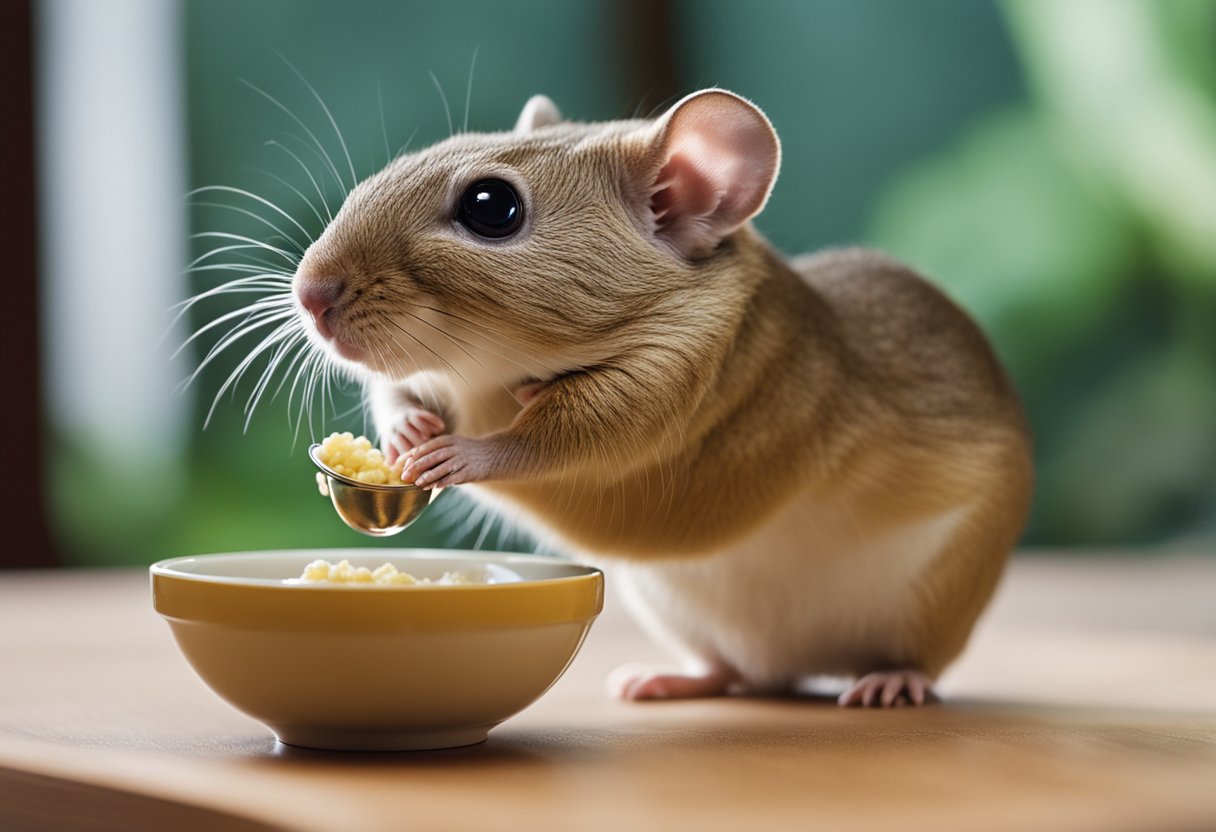 A gerbil is sitting next to a small bowl of tuna, looking curious and sniffing the food