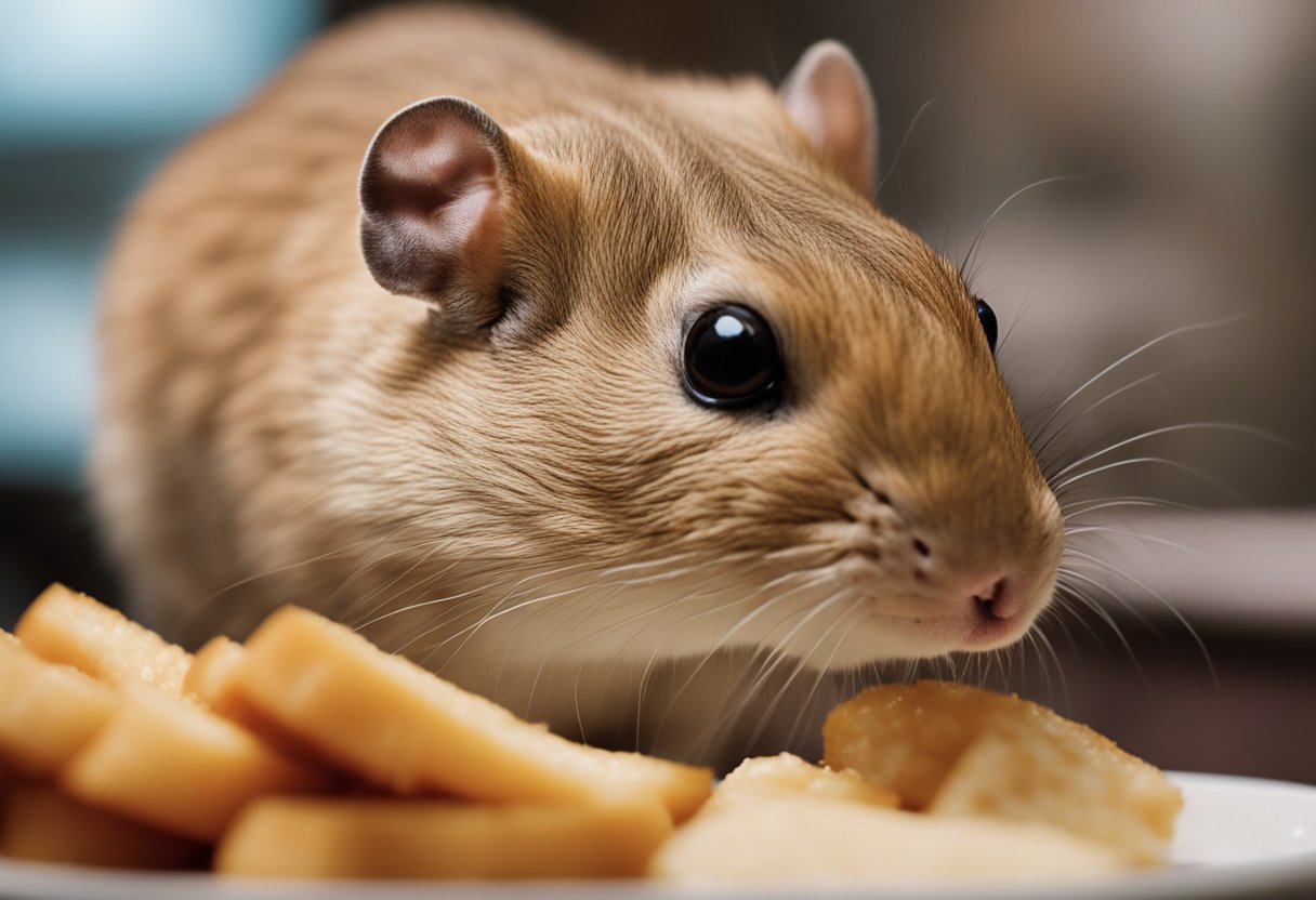 A gerbil nibbles on a piece of meat, sniffing it cautiously