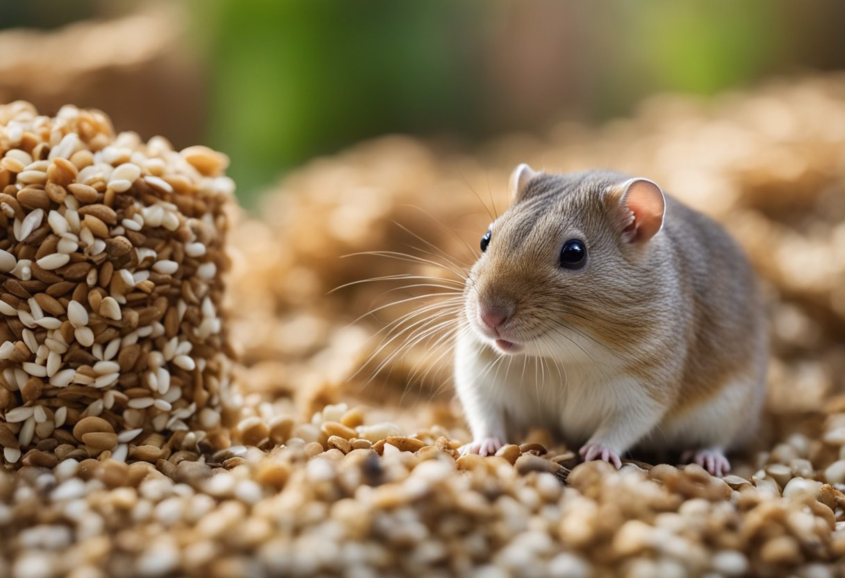A gerbil nibbles on a small piece of tuna, surrounded by a scattering of seeds and bedding material in its cage
