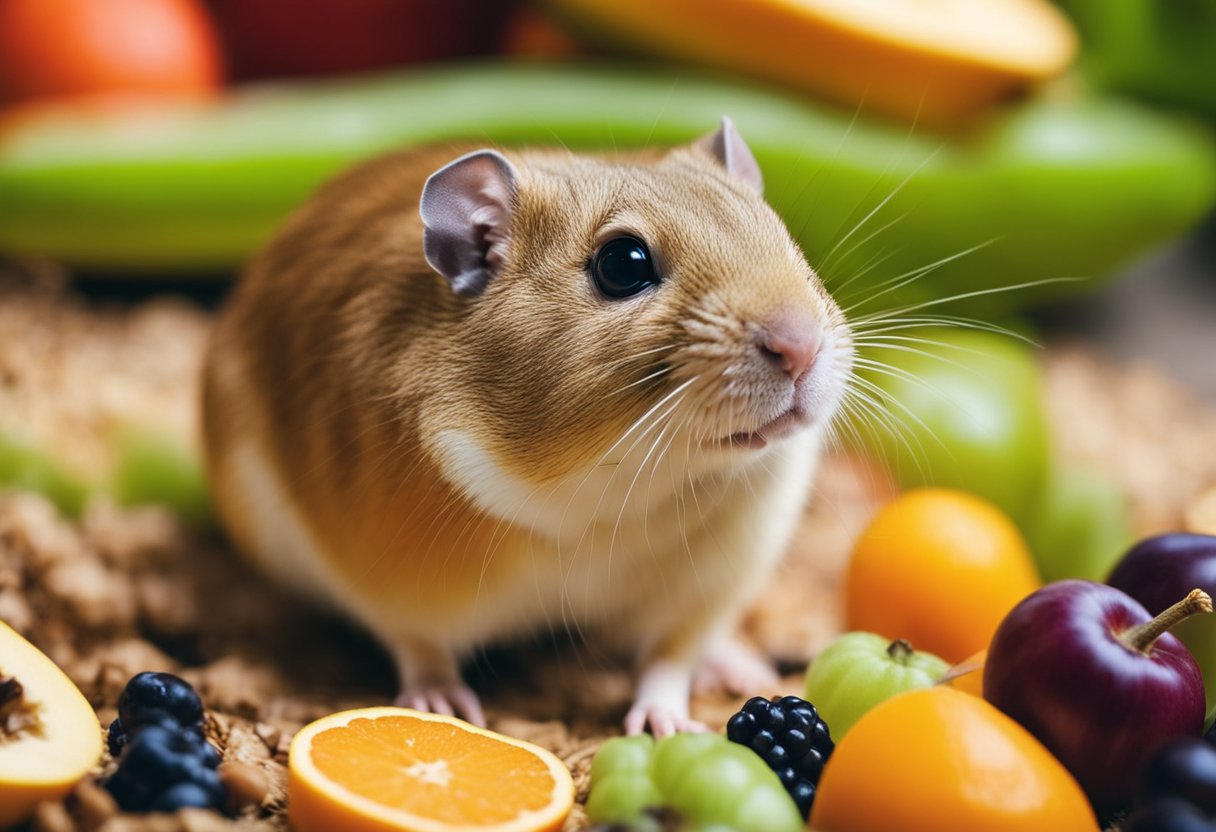 A gerbil is eating a variety of fruits, vegetables, and seeds. It is surrounded by colorful food items in a clean and spacious cage