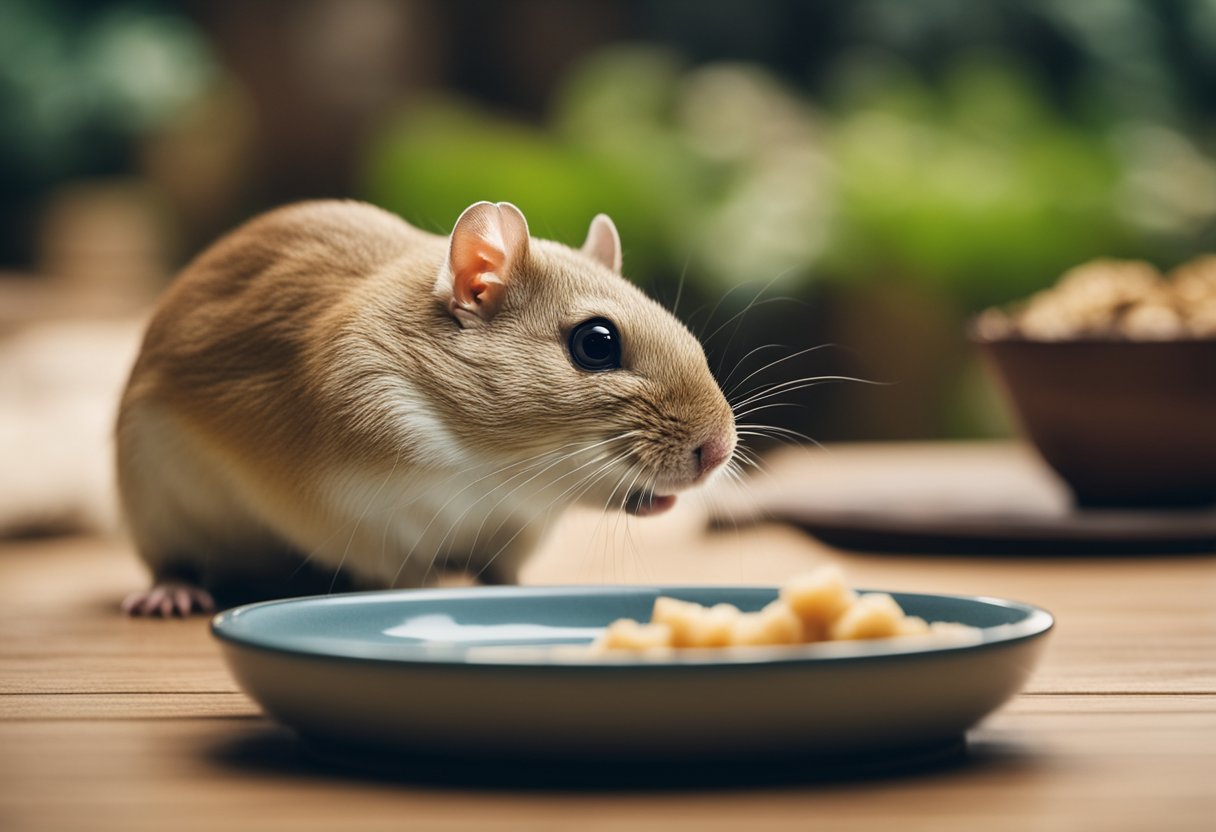 A gerbil sitting next to a small dish of tuna, sniffing it cautiously