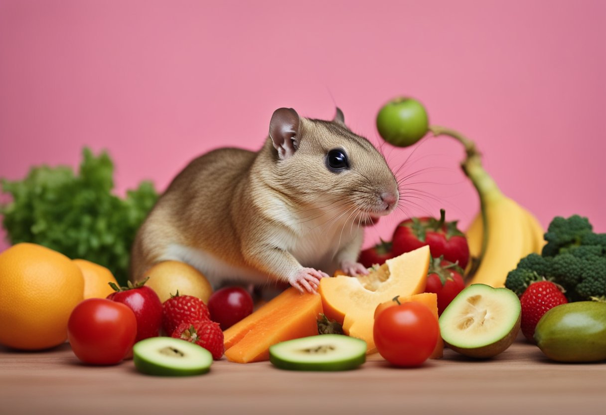 A gerbil nibbles on a small piece of tuna, surrounded by a variety of fruits and vegetables