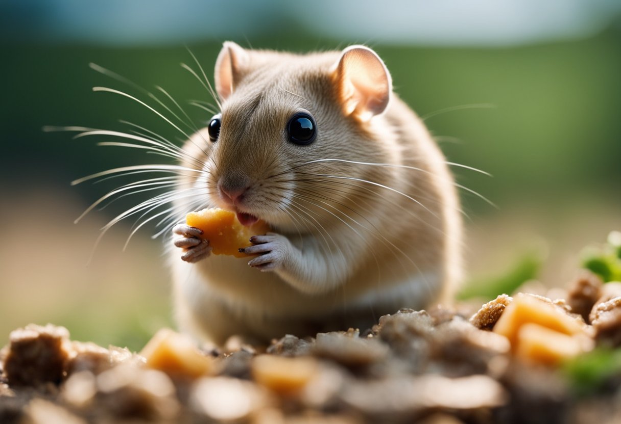 A gerbil eagerly consumes a small piece of meat placed in its habitat