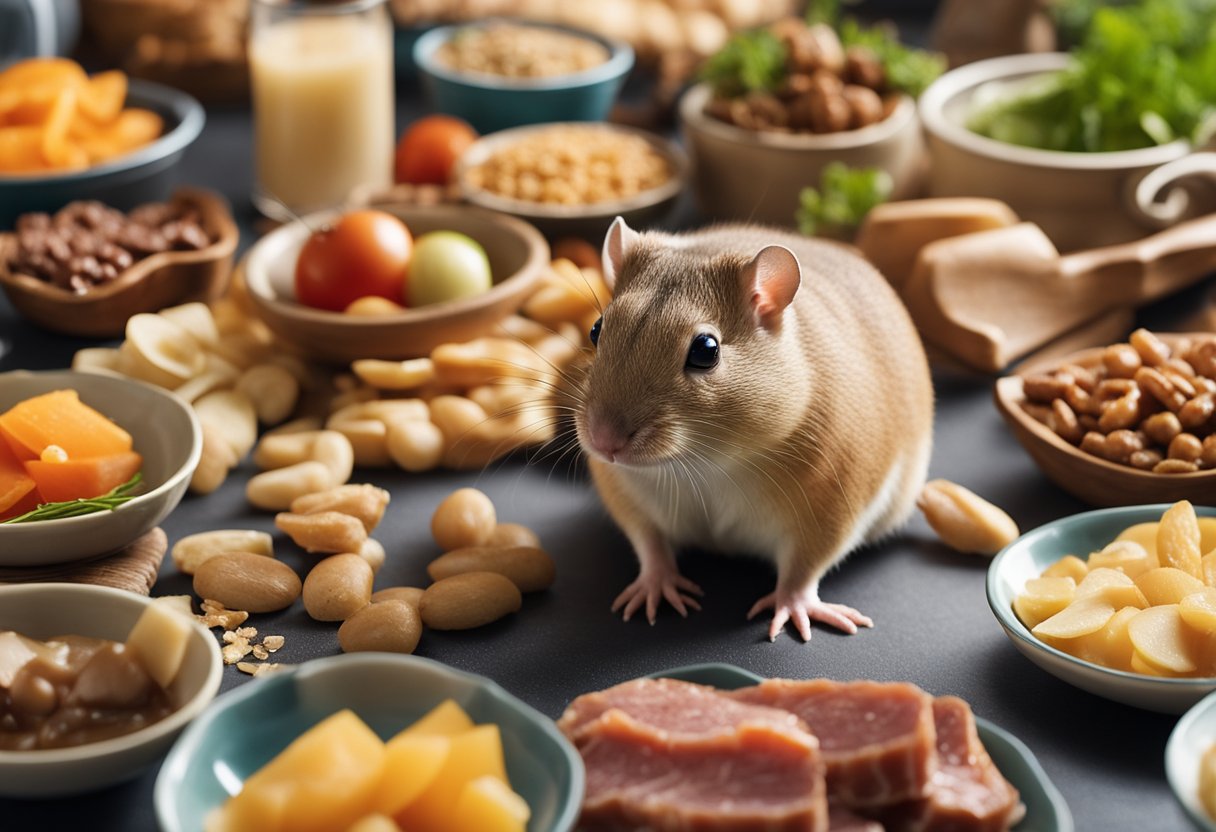 A gerbil surrounded by various food items, including meat, with a question mark above its head