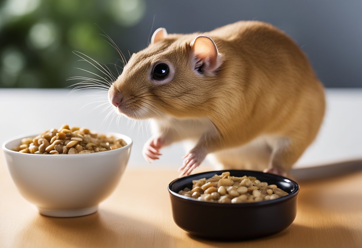 A gerbil stands next to a small bowl of tuna, sniffing it cautiously. A thought bubble above the gerbil's head shows a question mark, indicating curiosity about whether it can eat the tuna