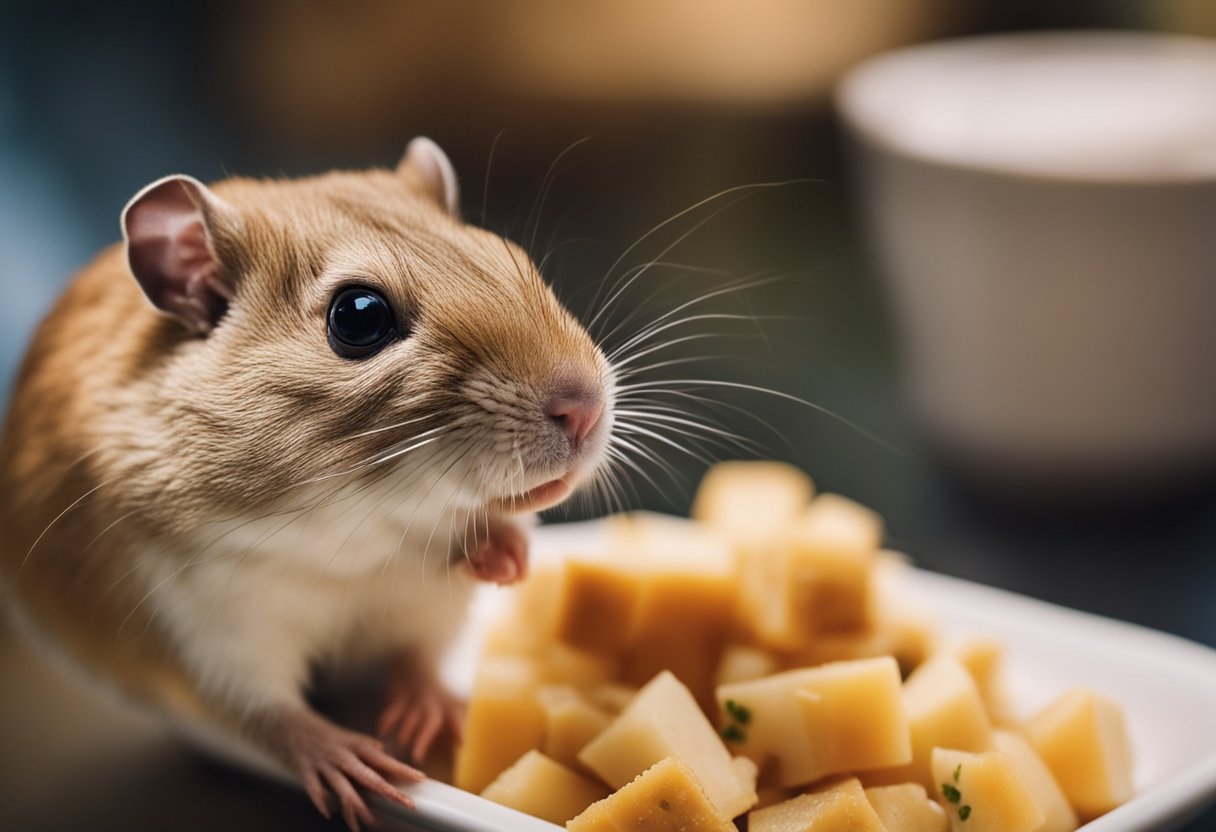 A gerbil nibbles on a small piece of meat, surrounded by a variety of food options