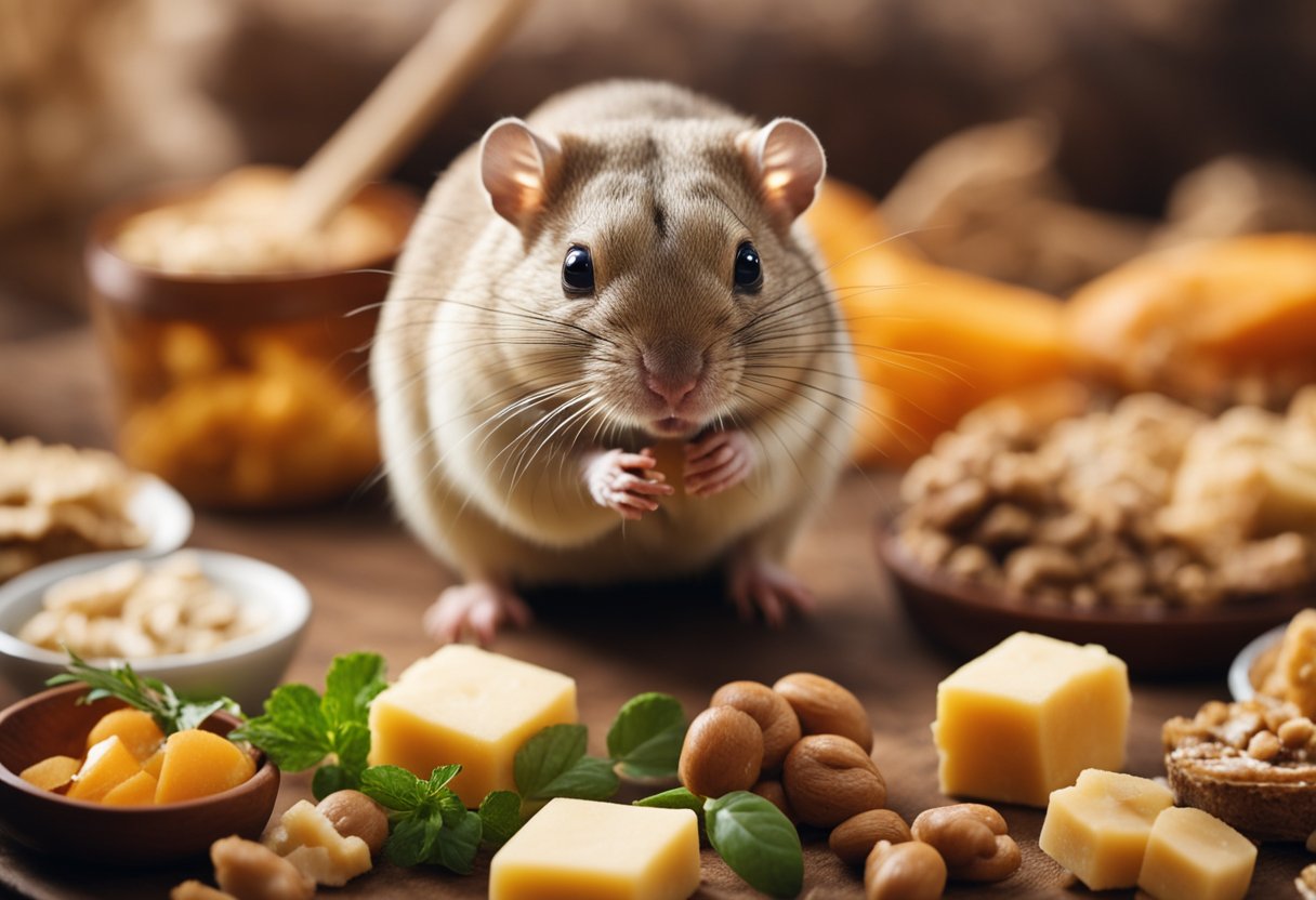 A gerbil eagerly nibbles on a small piece of meat, surrounded by a variety of food options