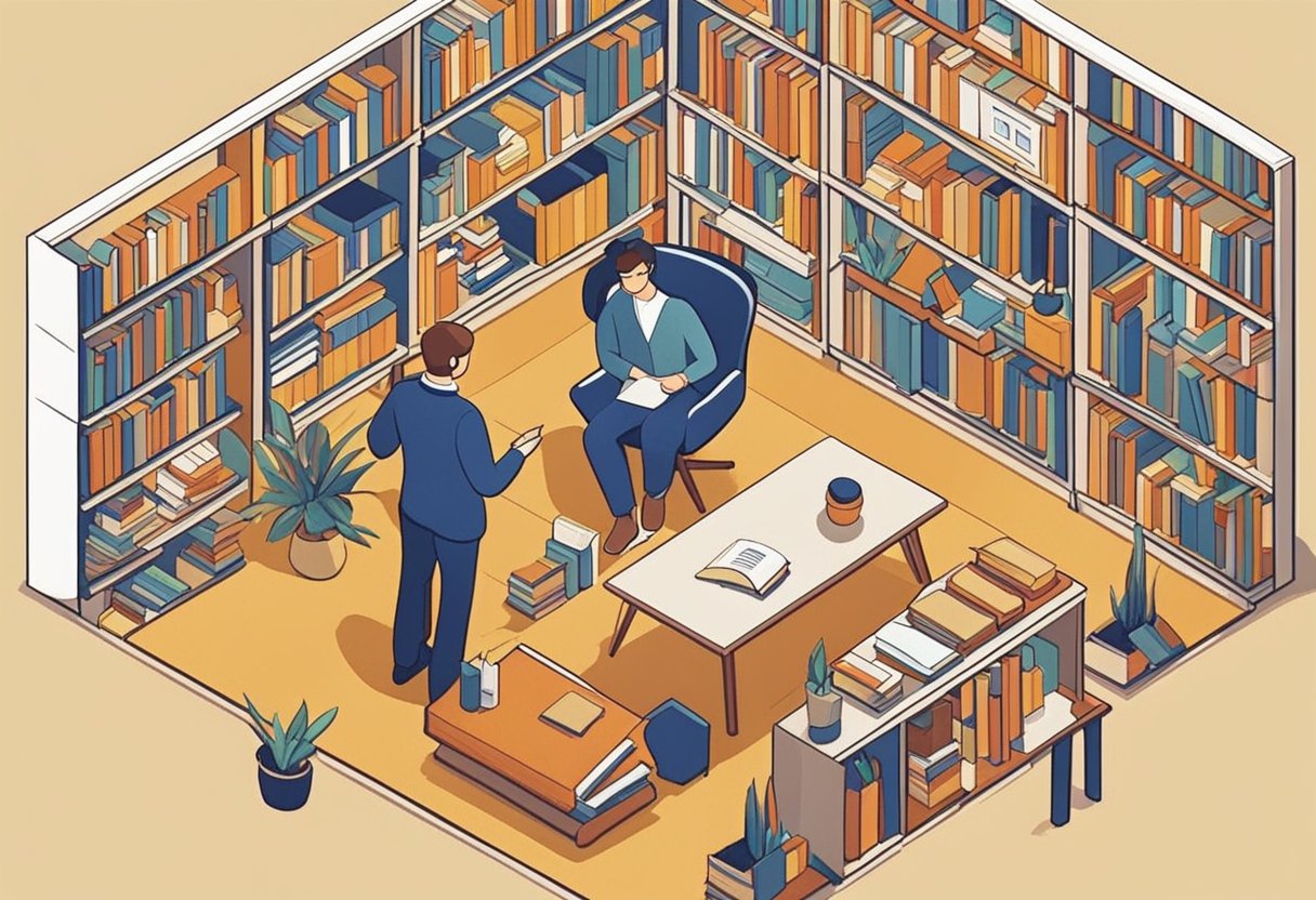A psychologist gestures while quoting, surrounded by books and a cozy office setting