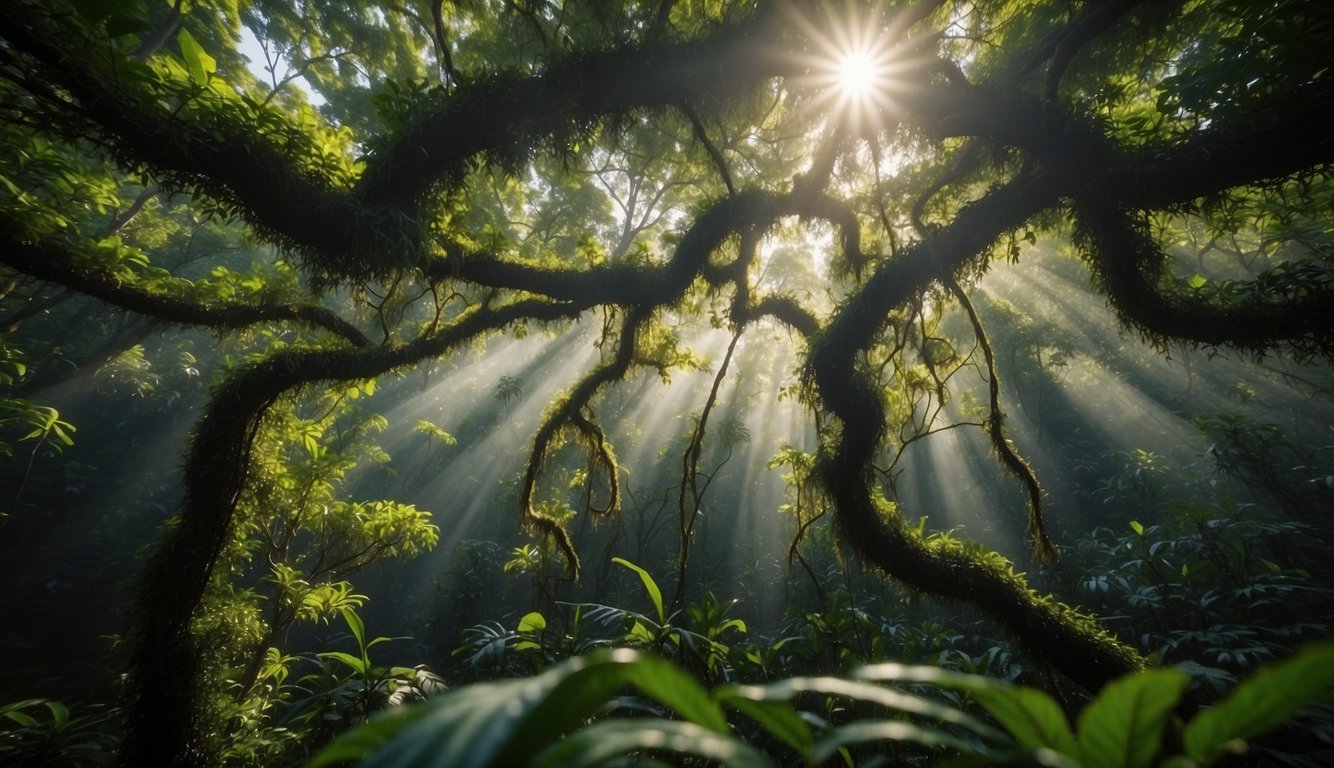 A lush rainforest canopy with twisting vines and tall trees, where flying geckos gracefully glide through the air, their translucent wings catching the dappled sunlight