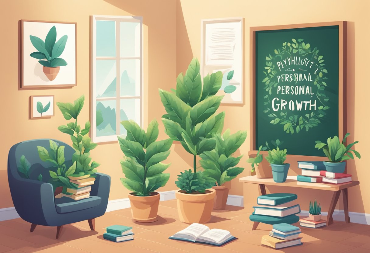 A potted plant bursting with new leaves, surrounded by books and a cozy armchair. A quote by a psychologist about personal growth is written on a nearby chalkboard