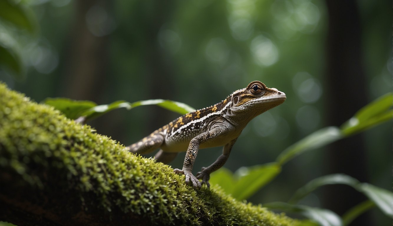 Flying geckos soar through lush rainforest, gliding effortlessly from tree to tree, showcasing their unique ability to navigate the treetops with precision and grace