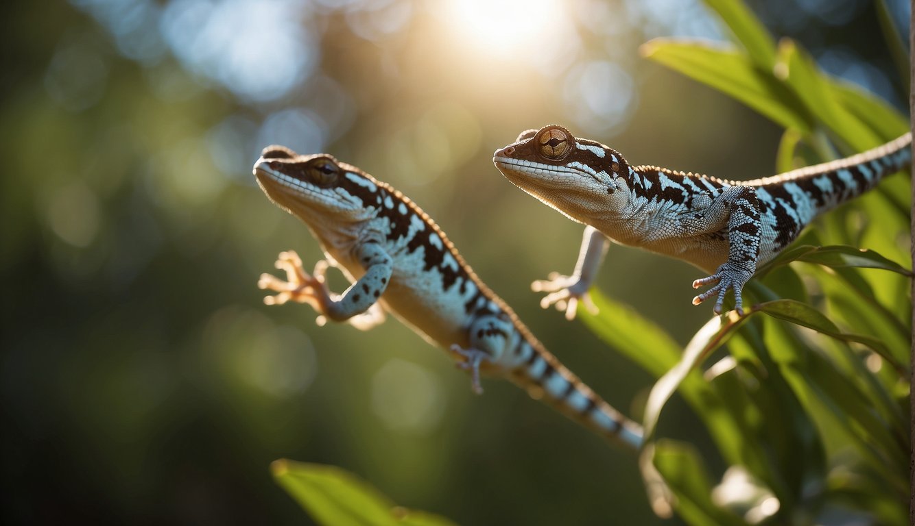 Flying geckos gracefully glide through the sky, their slender bodies twisting and turning as they navigate the open air.

Their translucent skin shimmers in the sunlight, creating a mesmerizing display of aerial acrobatics