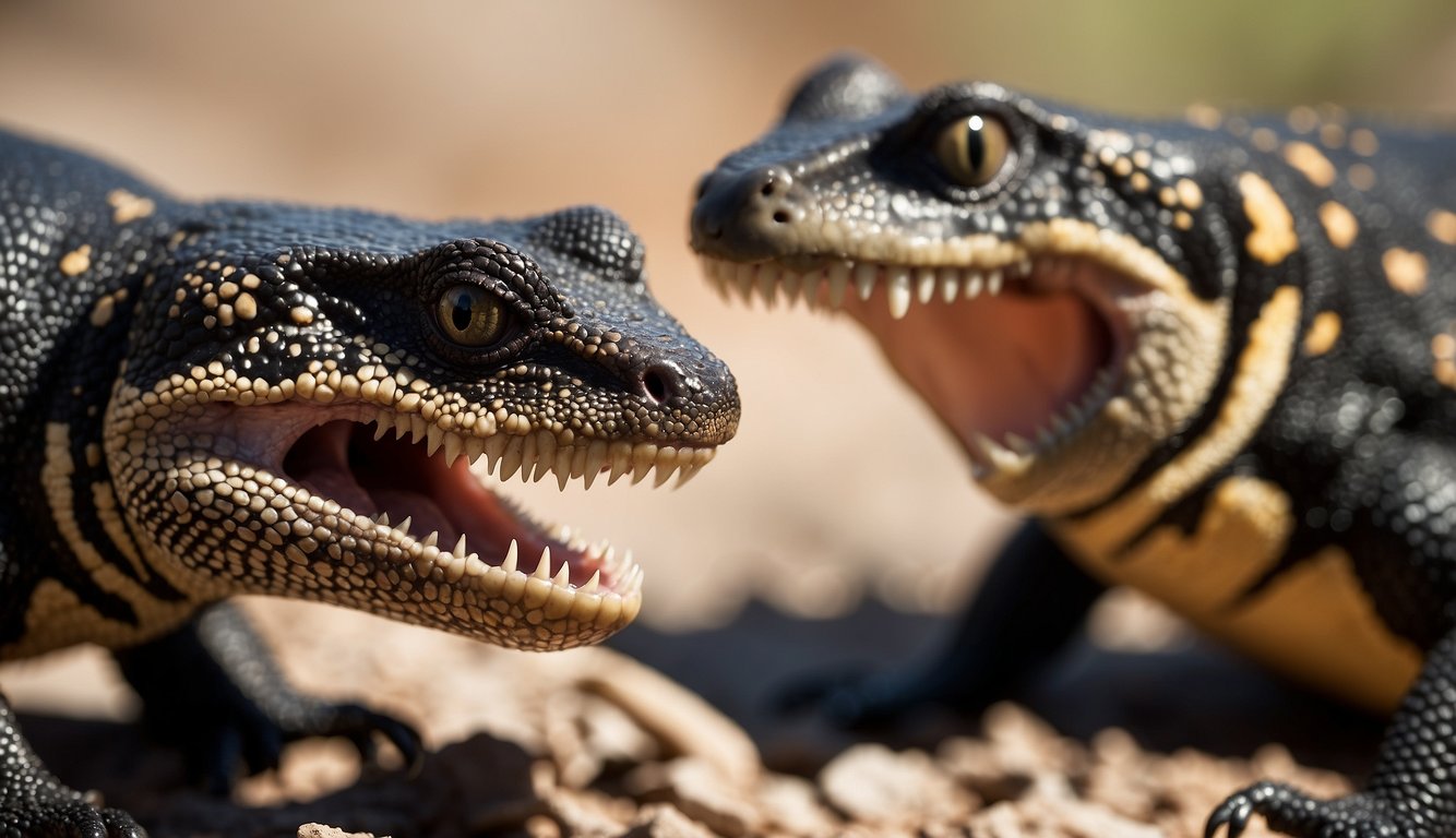 Two gila monsters face each other, mouths open wide, venom dripping from their sharp teeth as they prepare to bite down on their prey