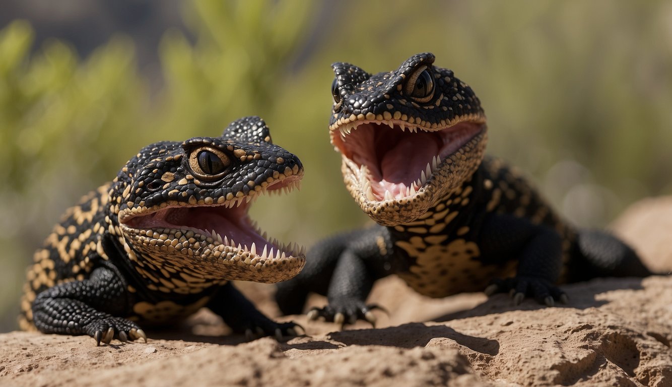 Two Gila monsters exchange venom through a unique chewing ritual, with one monster holding its mouth open as the other delivers the toxic saliva