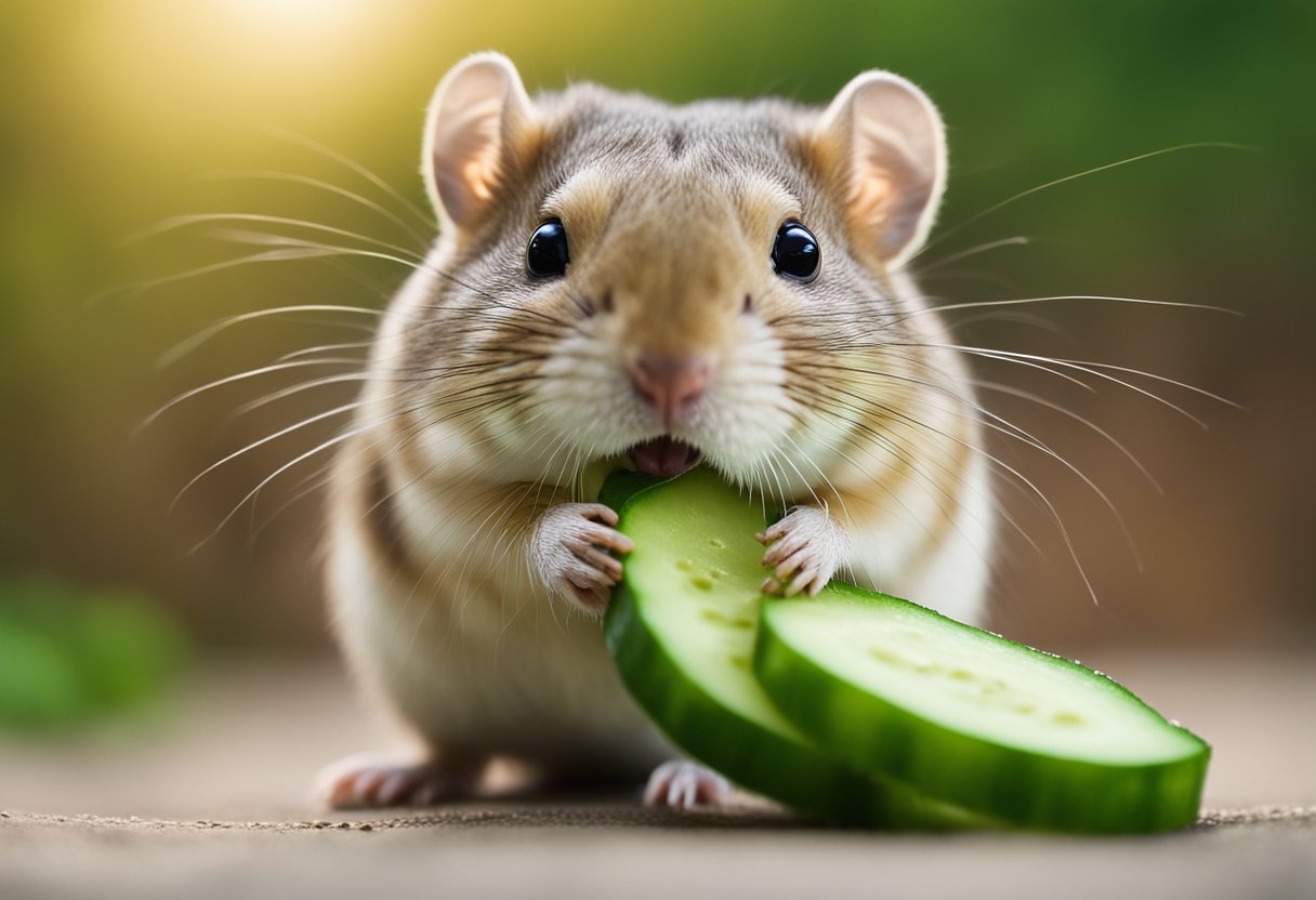 A gerbil nibbles on a slice of cucumber, its tiny teeth crunching into the green flesh as it enjoys the refreshing snack