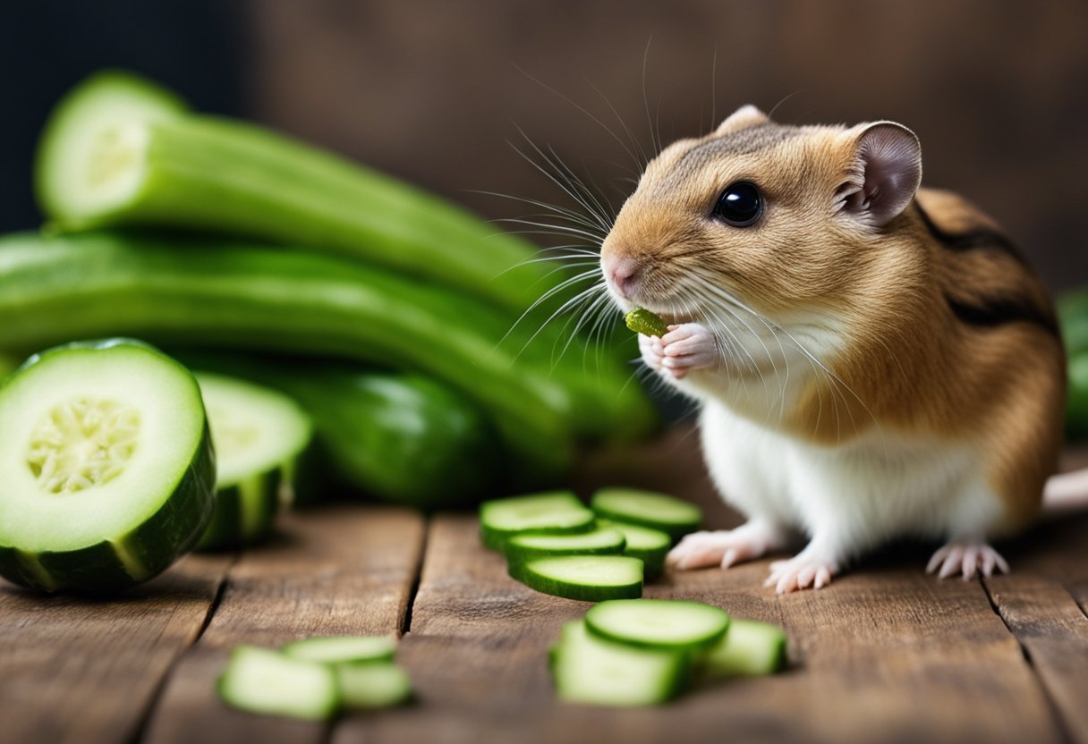 A gerbil eagerly nibbles on a slice of cucumber, its small paws gripping the green vegetable as it chews happily