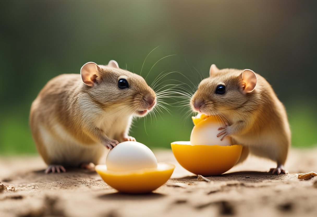 A gerbil nibbles on a cracked egg, surrounded by curious gerbil friends