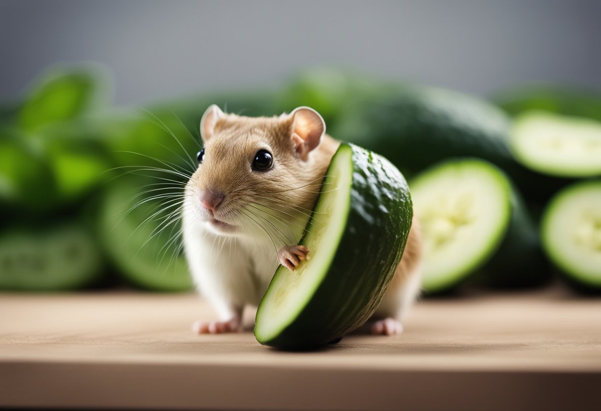 Cucumbers and gerbils. A gerbil nibbles on a cucumber slice