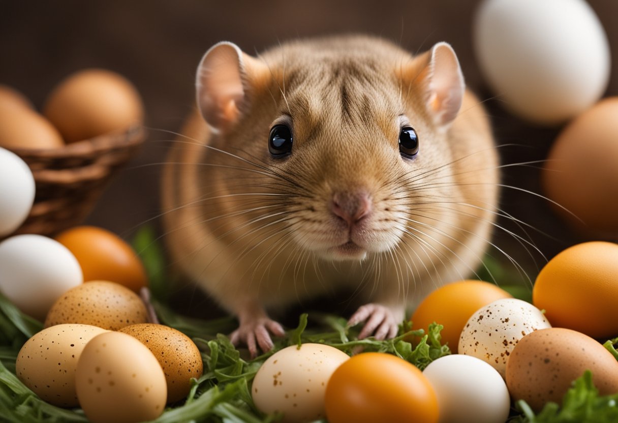 A gerbil surrounded by various food items, including eggs. The gerbil is shown sniffing the eggs with curiosity