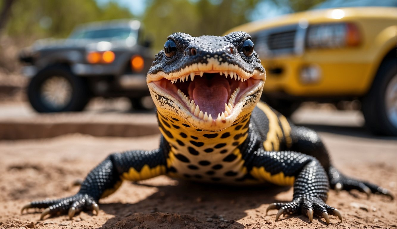 A Gila monster with open mouth, venom dripping from fangs, surrounded by caution signs and onlookers