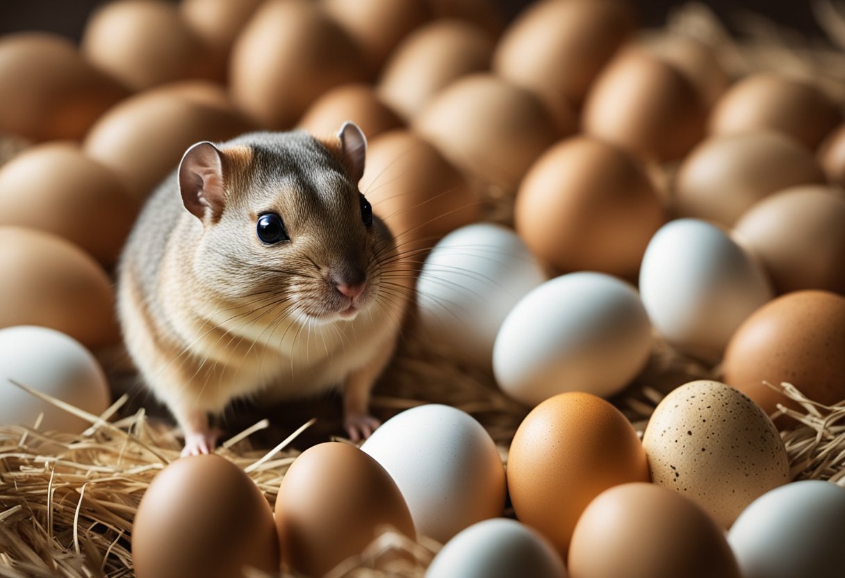 A gerbil standing next to a pile of eggs, looking curious