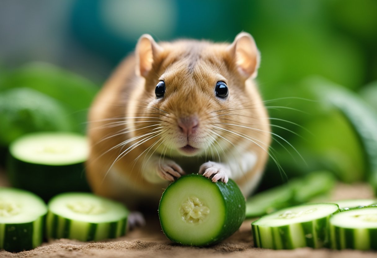 Gerbils nibble on cucumber, curious and cautious