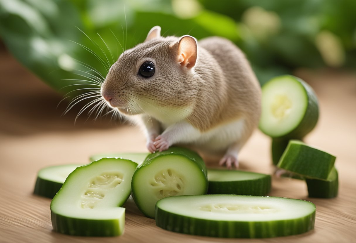 A gerbil eagerly nibbles on a slice of cucumber, while a question mark hovers above its head