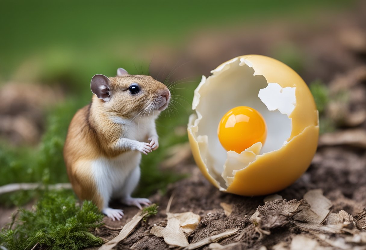 Gerbils gather around a cracked egg, sniffing and nibbling cautiously