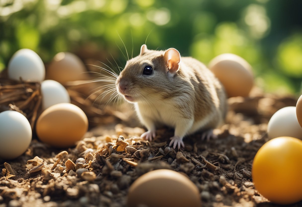 Gerbils surround a small pile of eggs, sniffing and nibbling at them with curiosity