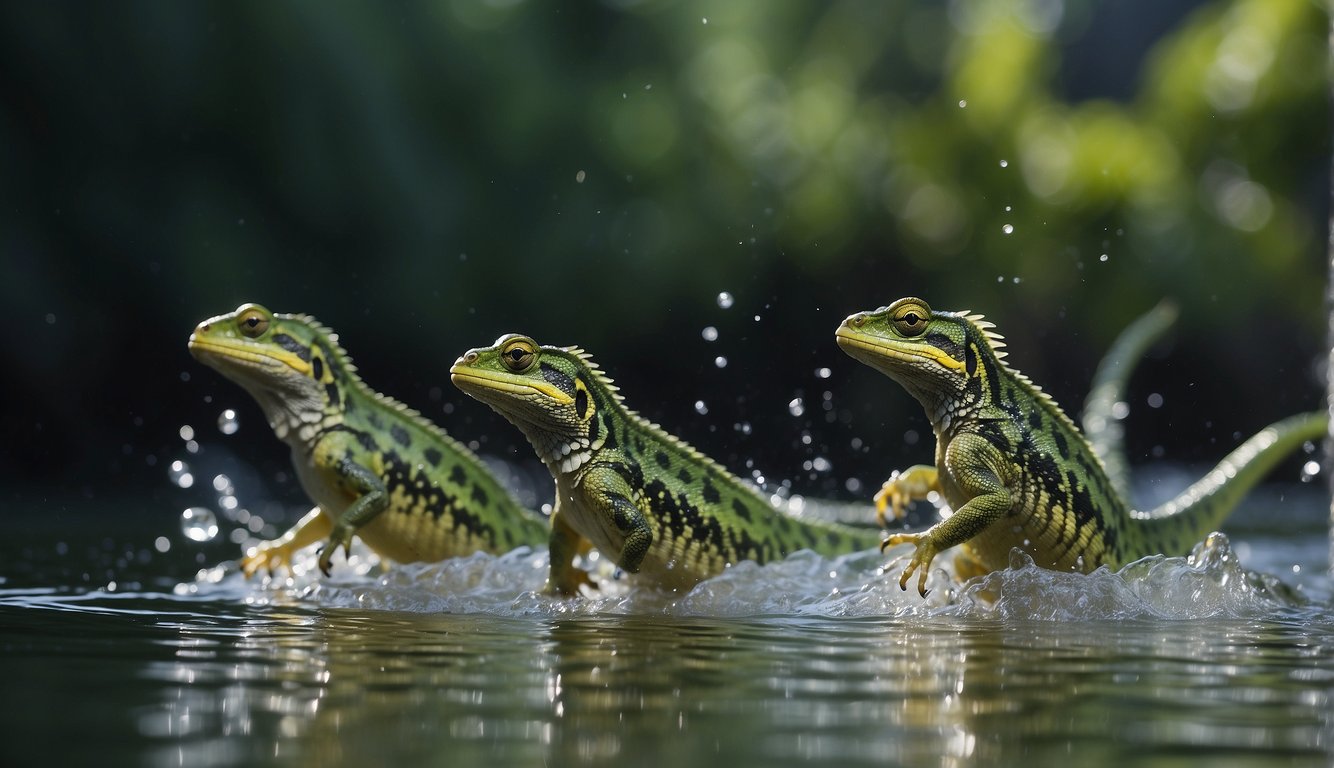 Plumed basilisks sprint across water's surface, their feet barely touching as they skim and dart along the liquid expanse