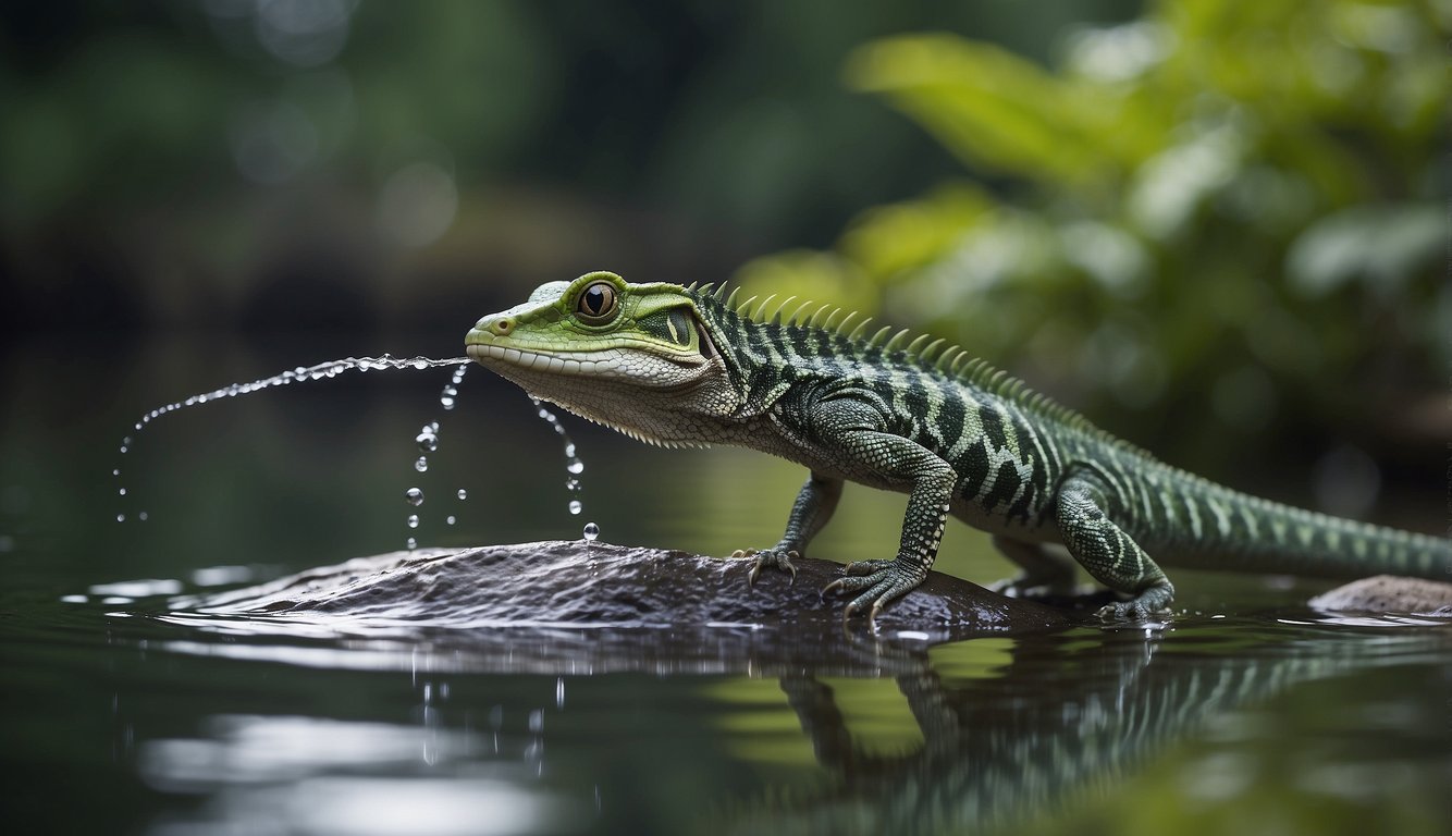 A plumed basilisk sprints across the water's surface, its long tail trailing behind as it defies gravity with each swift step