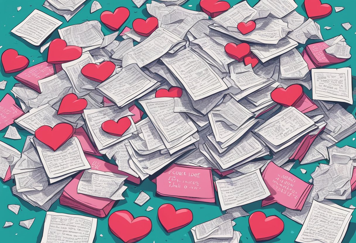 A pile of crumpled love notes scattered on a desk, with a single quote about crushes highlighted in the center