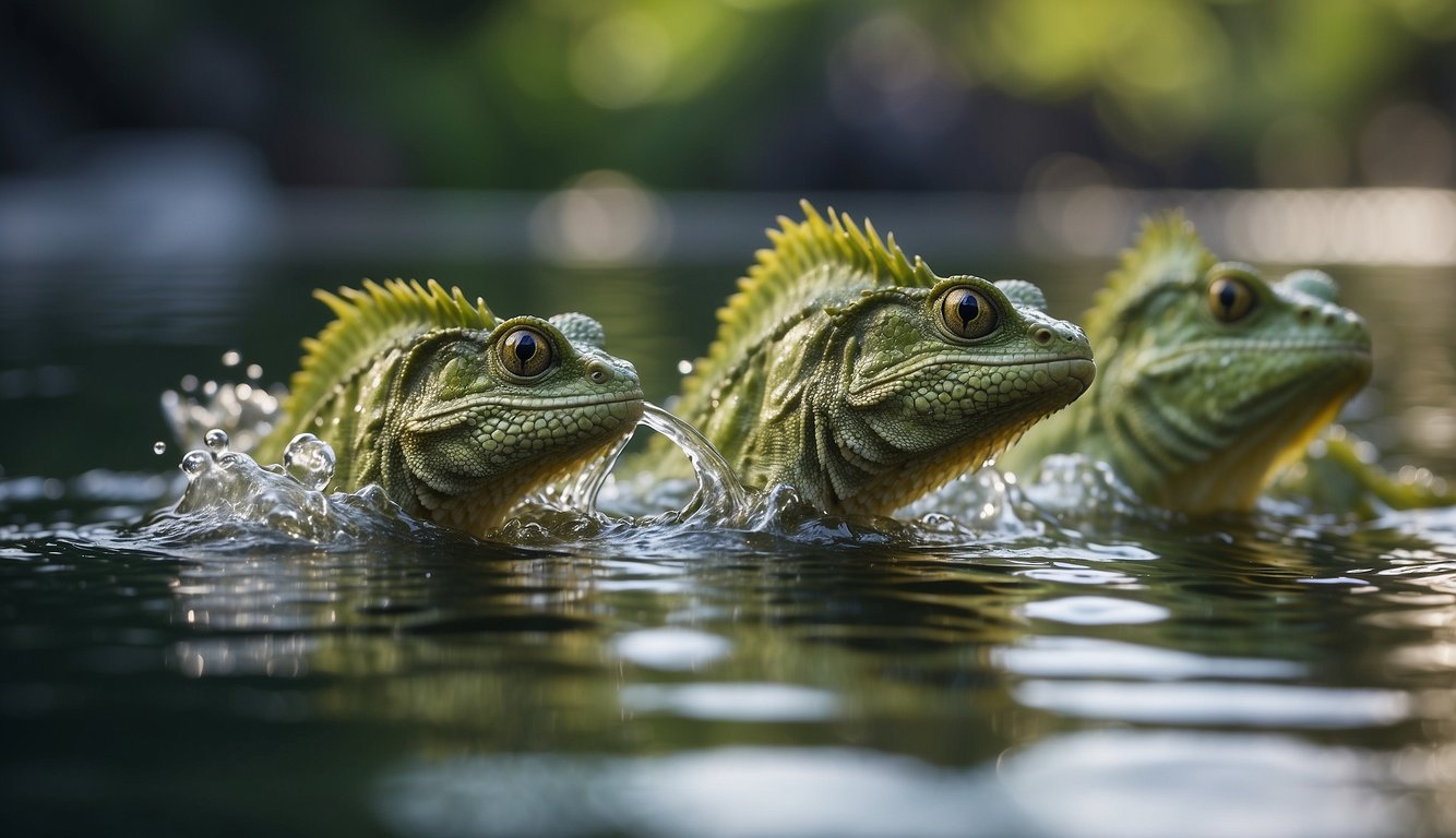 Plumed basilisks sprinting across water's surface, creating ripples and splashes in their wake