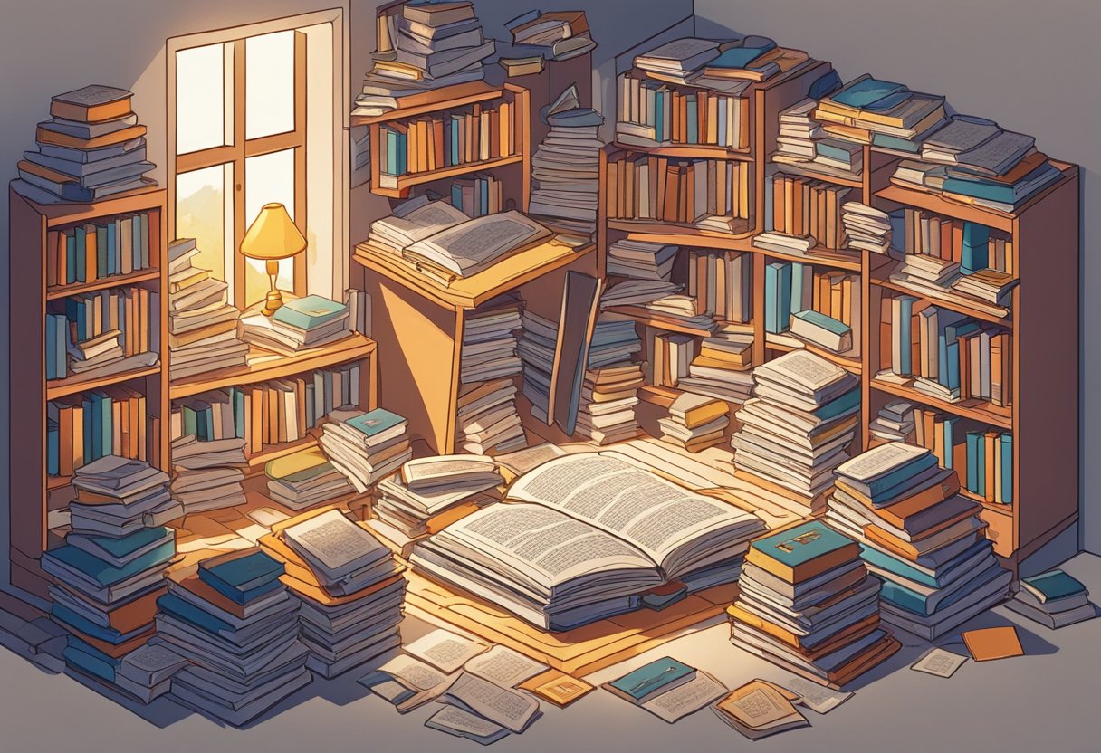 A pile of open books with highlighted quotes about crushes scattered on a cozy reading nook. Sunlight filters through the window, casting soft shadows on the pages