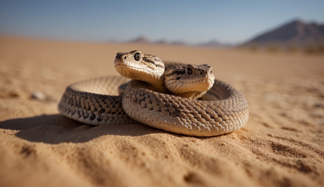 Two sidewinder rattlesnakes slither across the desert sand, their bodies moving in sinuous waves as they perform a mesmerizing dance