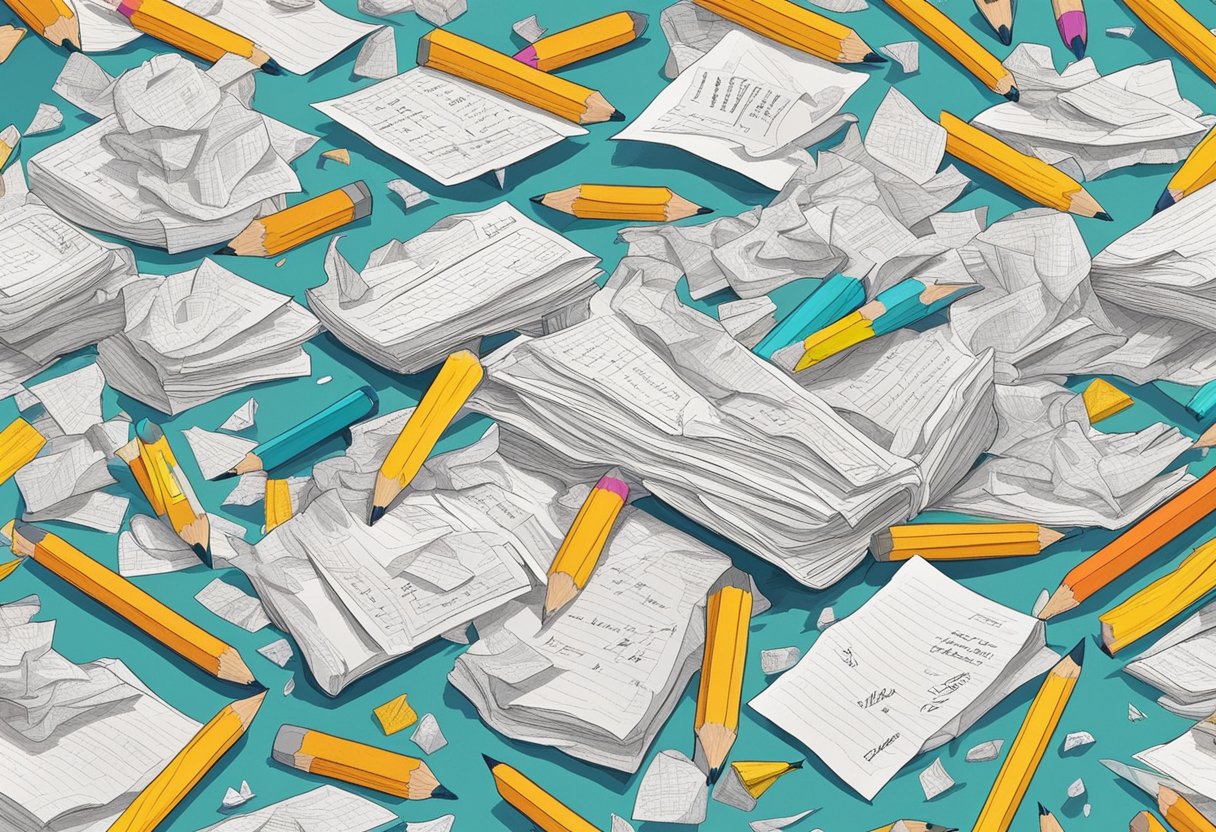 A pile of crumpled papers with handwritten quotes scattered on a desk, surrounded by scattered pencils and erasers