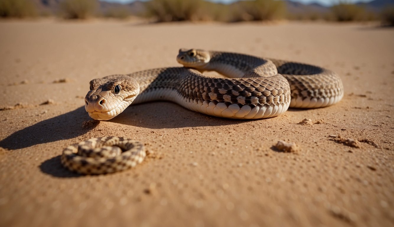 Sidewinder rattlesnakes slither across the sandy desert floor, leaving distinct J-shaped tracks.

The sun beats down on the arid landscape as the snakes move in a sidewinding motion